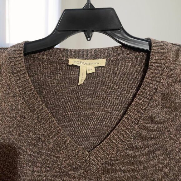 BCBGeneration Brown Tan Ribbed V-Neck Sweater, Exposed Seams, Size XXS - Cotton - Picture 5 of 16